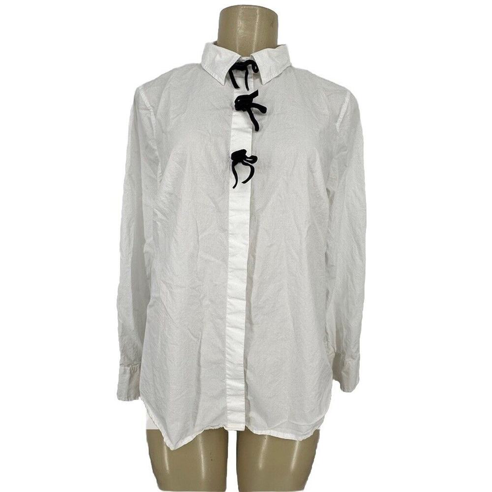 J.Crew Size 12 Festive Women White Shirt Black Velvet Ribbons Long Sleeve 32-4